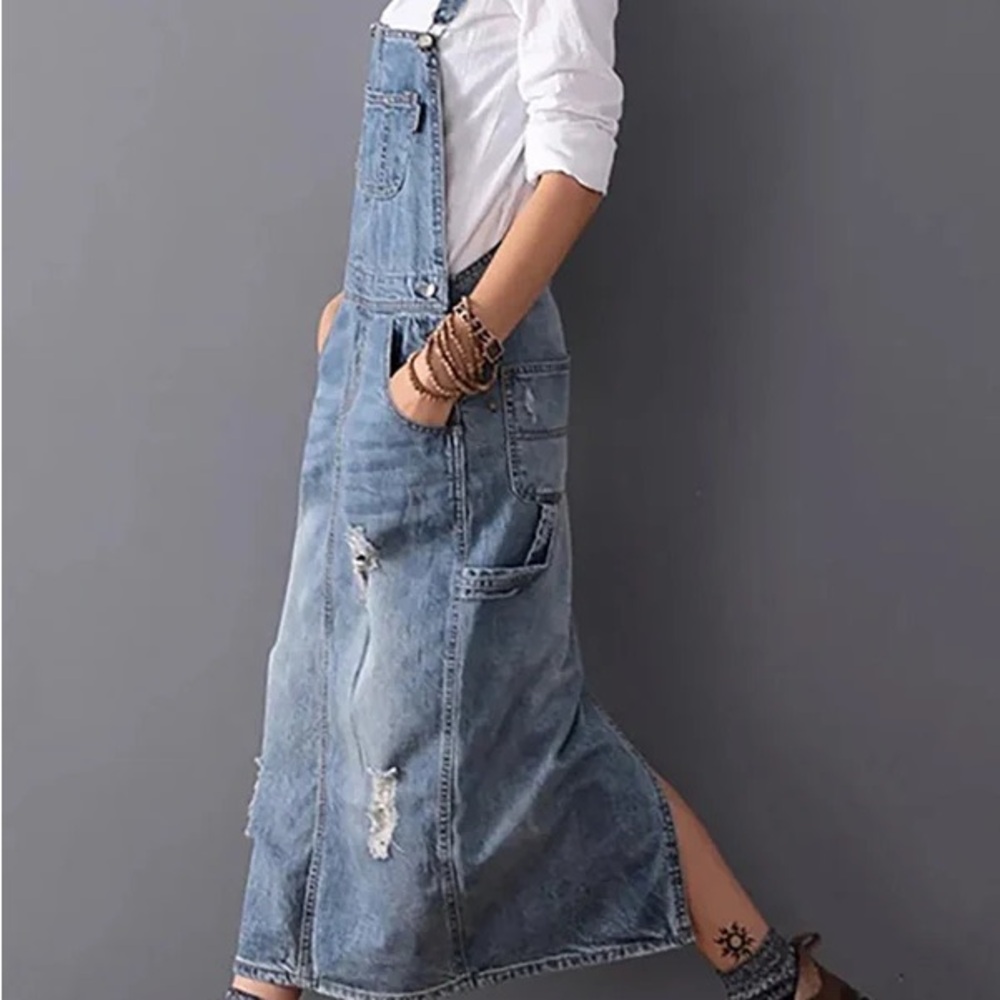 Blue Denim Overalls with Relaxed Fit and Vintage Wash